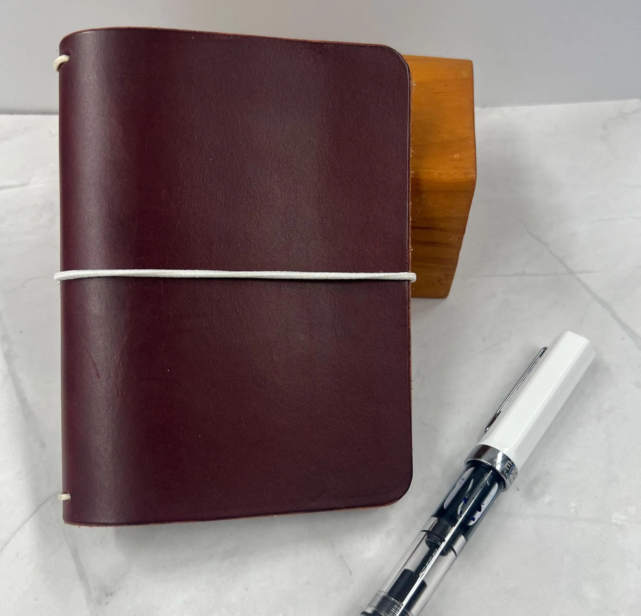 Ready-to-ship, PASSPORT Cover, Traveler's Notebook Burgundy w White Cord, Full-Grain Leather, 5-3/8"x8.5" (open flat)
