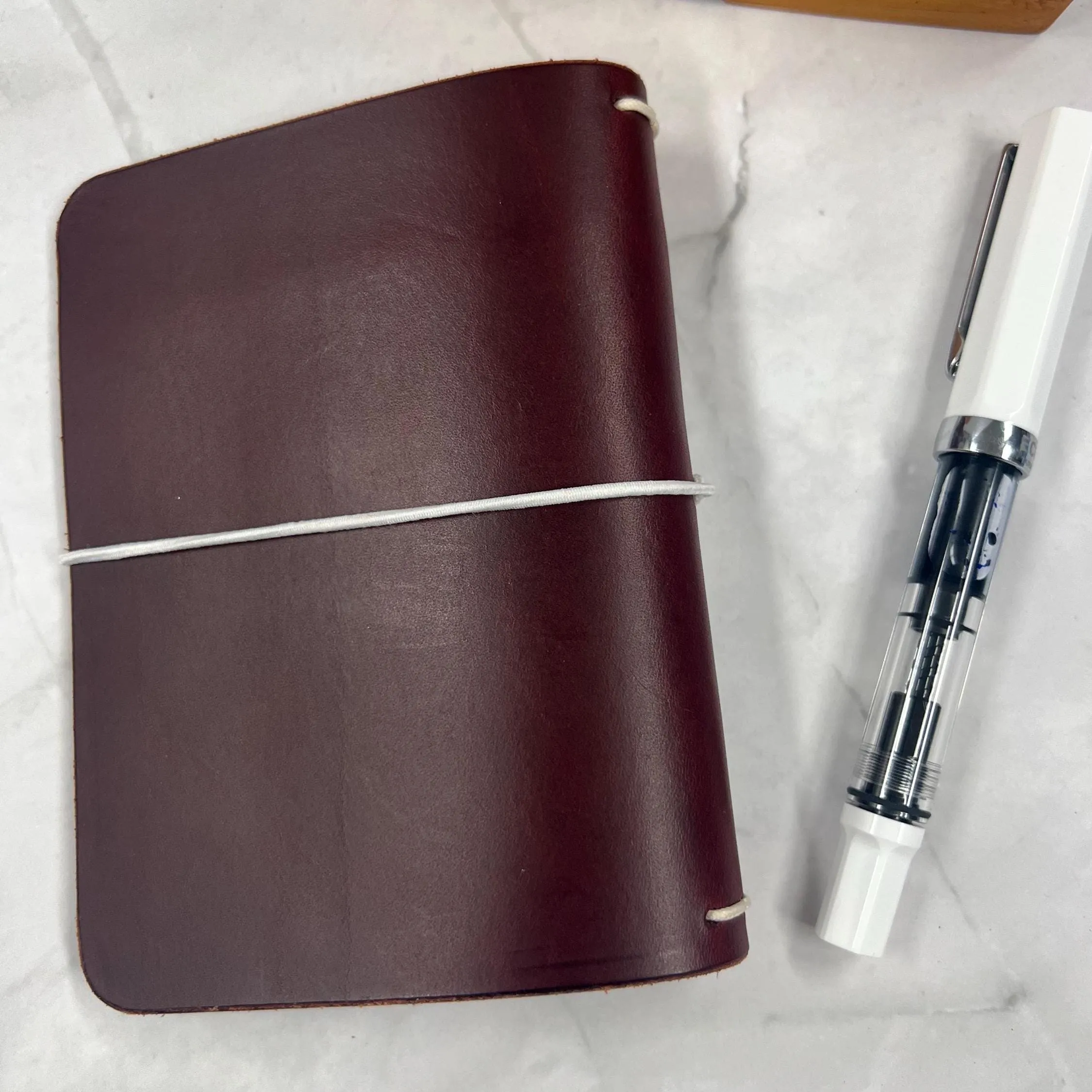 Ready-to-ship, PASSPORT Cover, Traveler's Notebook Burgundy w White Cord, Full-Grain Leather, 5-3/8"x8.5" (open flat)