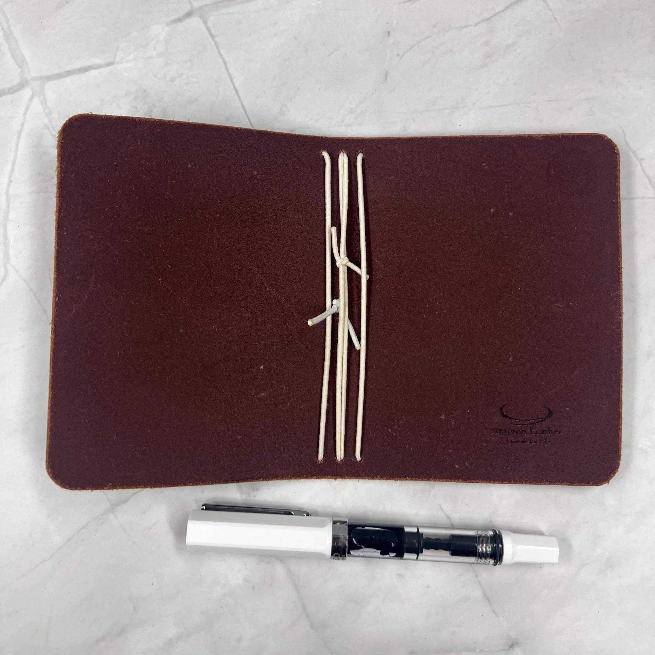 Ready-to-ship, PASSPORT Cover, Traveler's Notebook Burgundy w White Cord, Full-Grain Leather, 5-3/8"x8.5" (open flat)