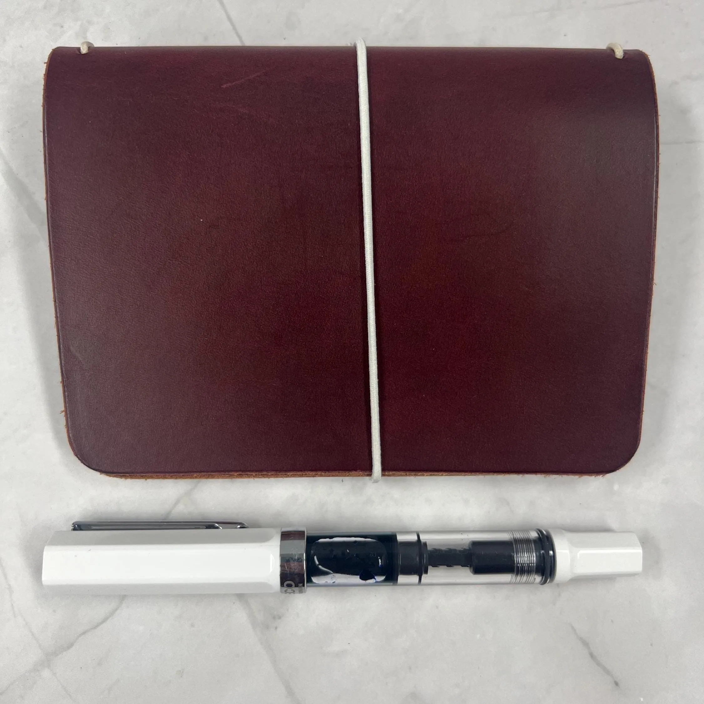 Ready-to-ship, PASSPORT Cover, Traveler's Notebook Burgundy w White Cord, Full-Grain Leather, 5-3/8"x8.5" (open flat)