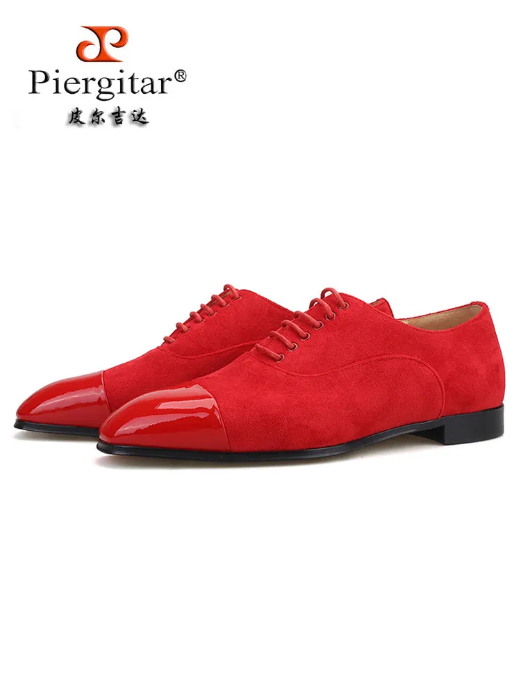 Red cow suede stitched patent leather toe men's lace-up square toe Oxford shoes European and American style fashionable wedding banquet formal shoes