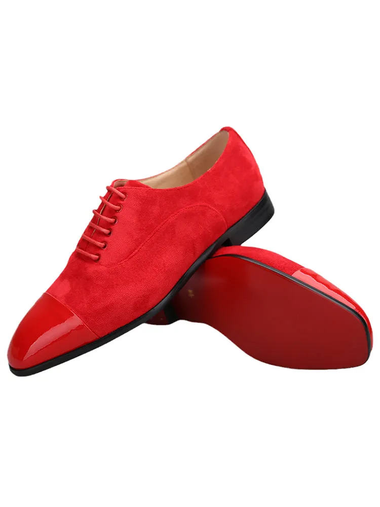 Red cow suede stitched patent leather toe men's lace-up square toe Oxford shoes European and American style fashionable wedding banquet formal shoes