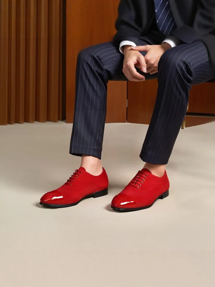 Red cow suede stitched patent leather toe men's lace-up square toe Oxford shoes European and American style fashionable wedding banquet formal shoes