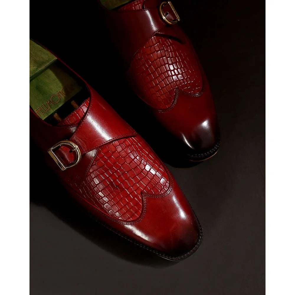 Red Patina Mirror Glossed Single Monk With Croco Detail   Metal Toe