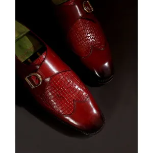 Red Patina Mirror Glossed Single Monk With Croco Detail   Metal Toe