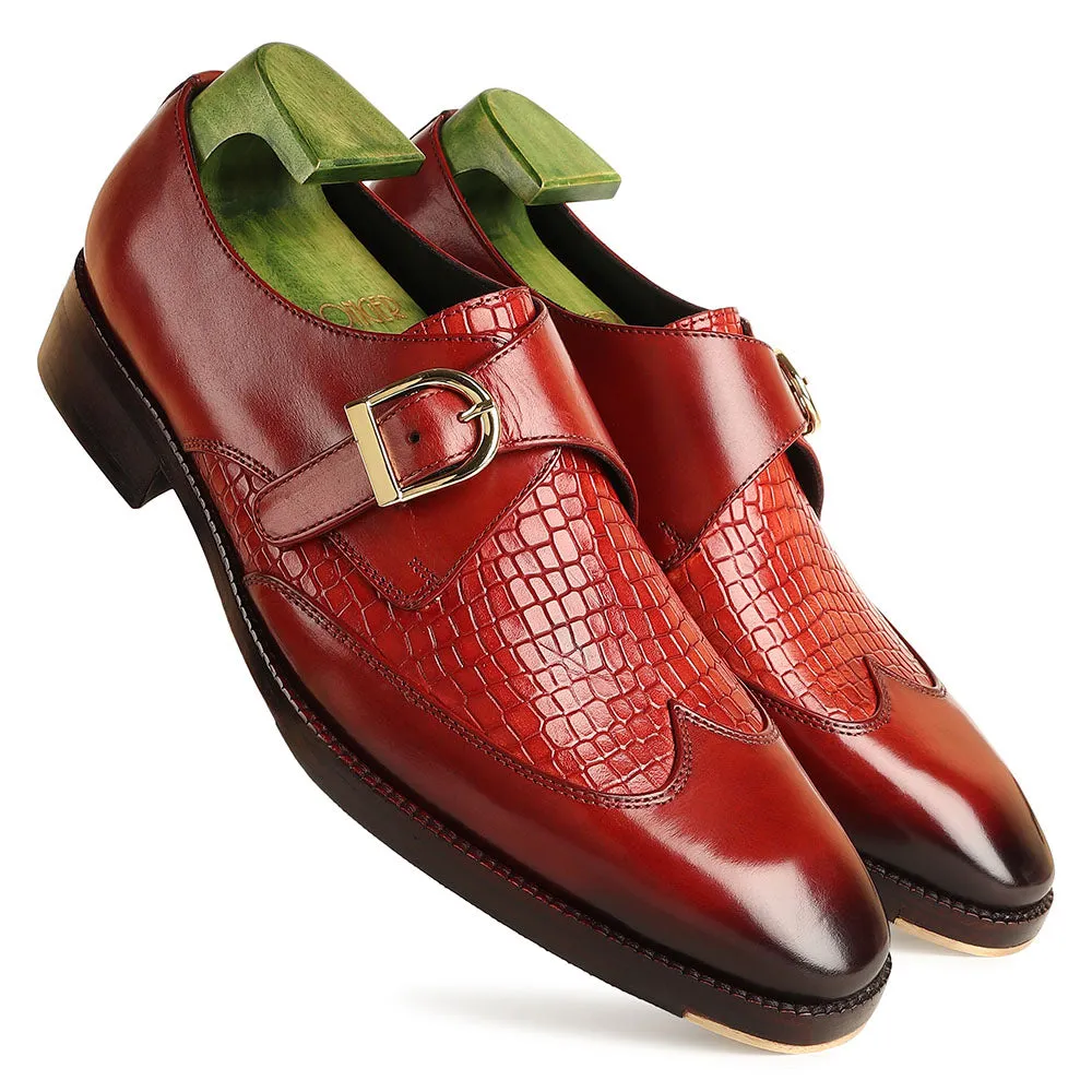 Red Patina Mirror Glossed Single Monk With Croco Detail   Metal Toe