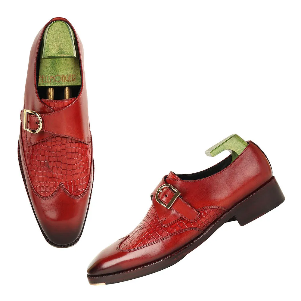 Red Patina Mirror Glossed Single Monk With Croco Detail   Metal Toe