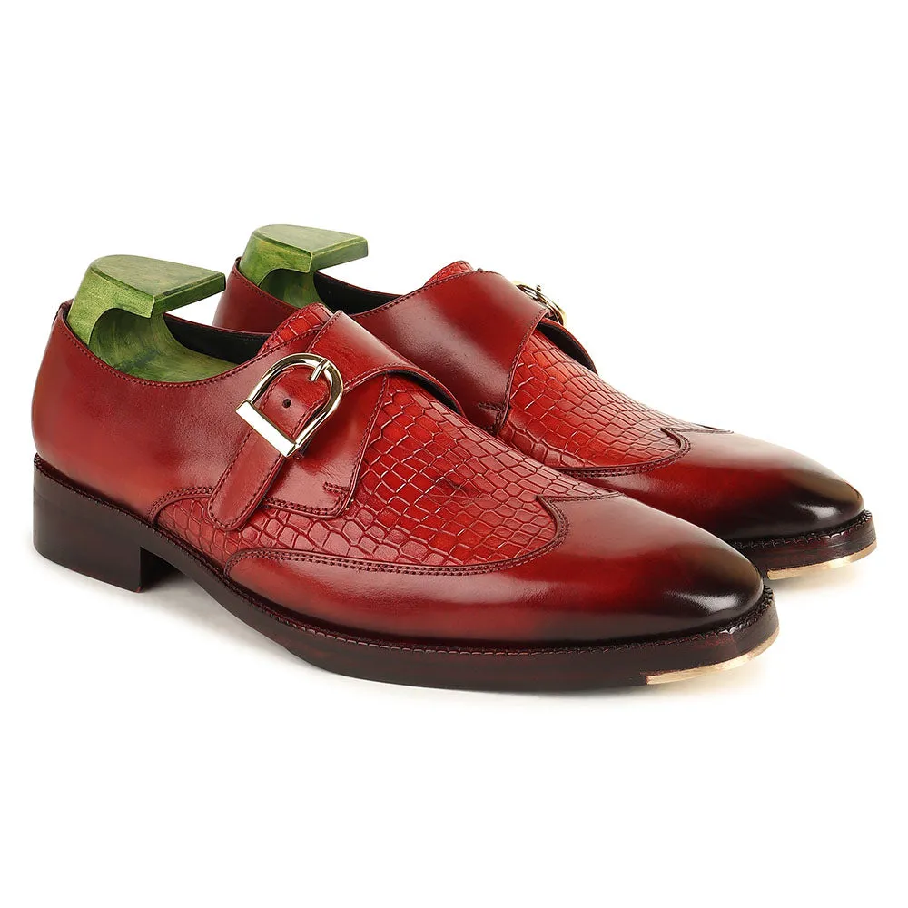 Red Patina Mirror Glossed Single Monk With Croco Detail   Metal Toe