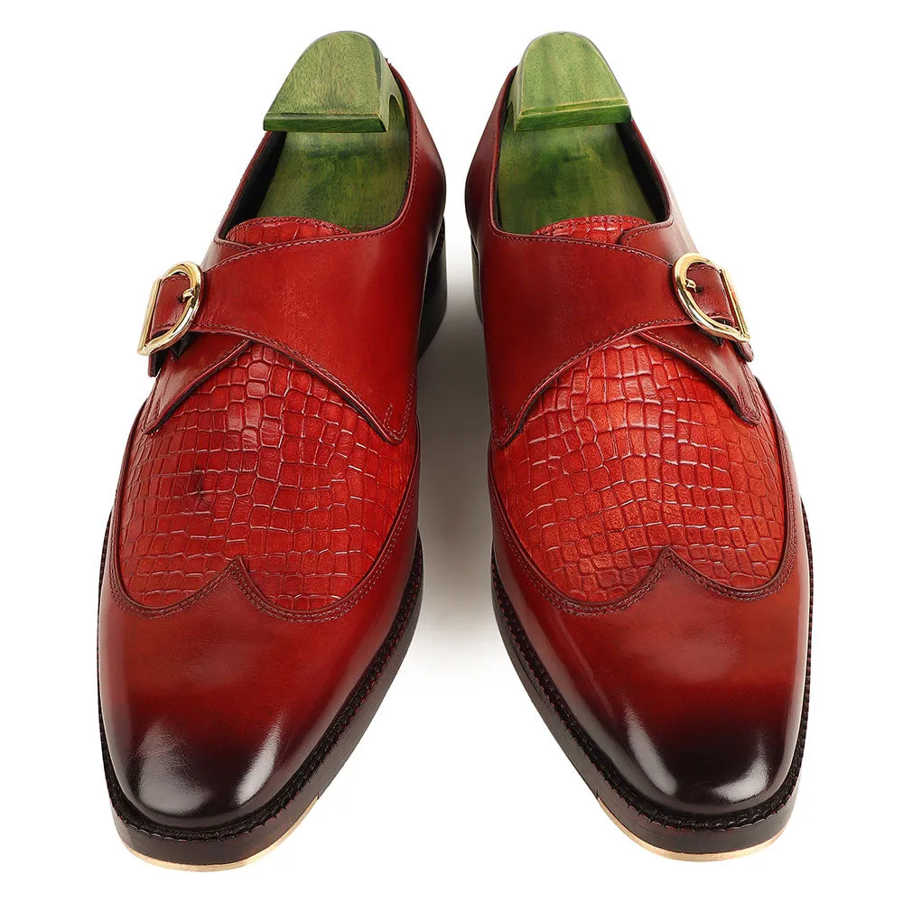 Red Patina Mirror Glossed Single Monk With Croco Detail   Metal Toe