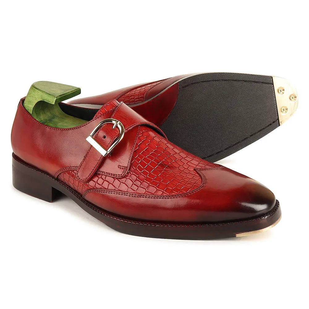 Red Patina Mirror Glossed Single Monk With Croco Detail   Metal Toe