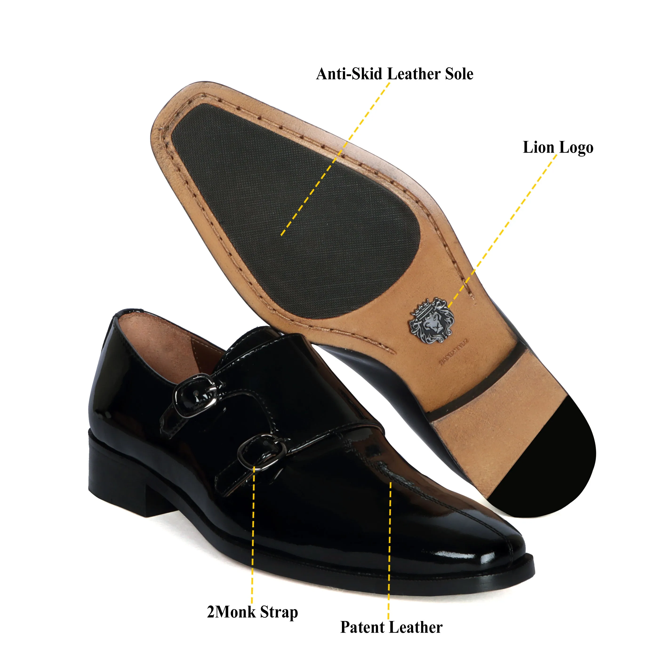 Sleek Apron Toe Double Monk Slip-On Shoes Patent Black Leather
