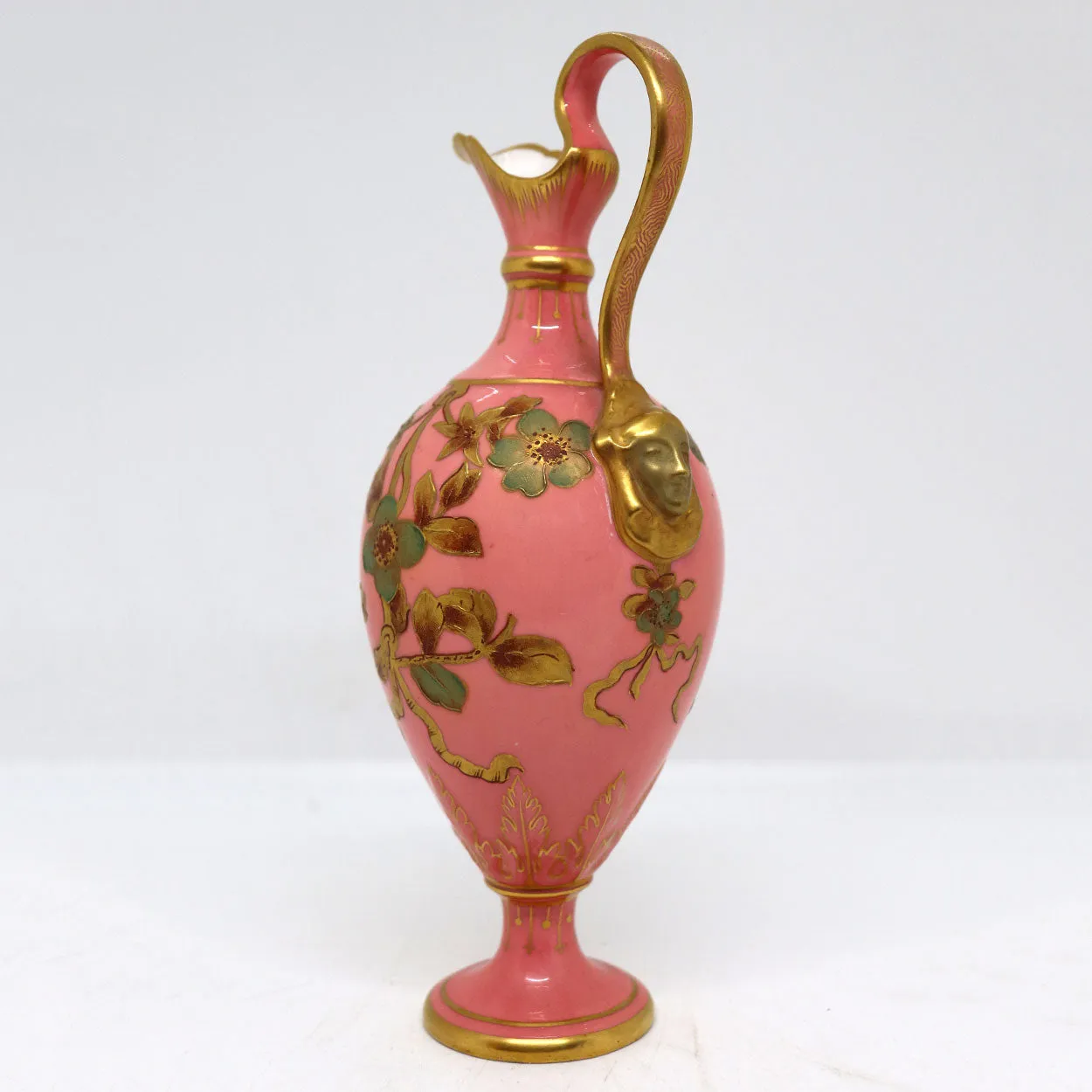 Small English Royal Crown Derby Porcelain Pink and Gilt Ewer