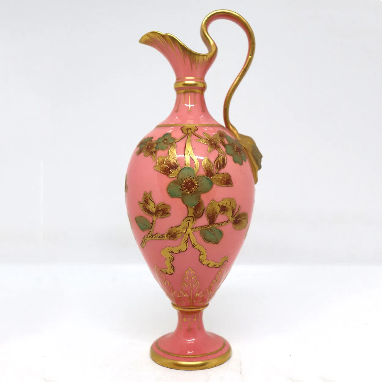 Small English Royal Crown Derby Porcelain Pink and Gilt Ewer