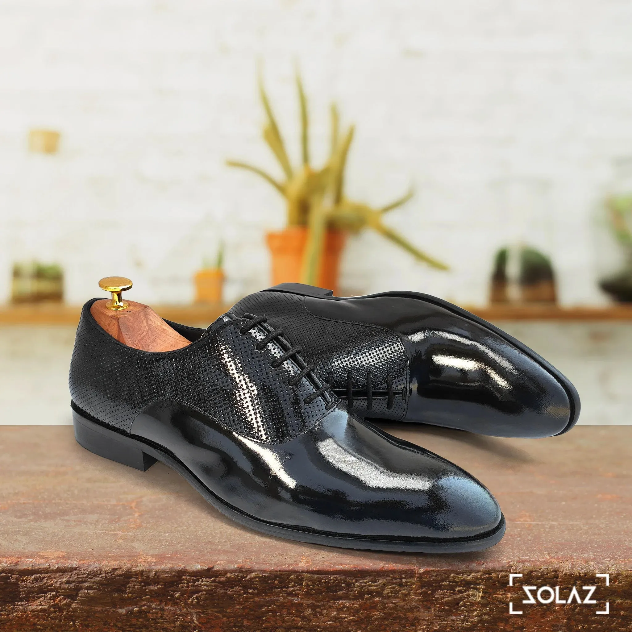 Solaz Black Patent Dress Oxford Shoes Made of Real Leather for Men