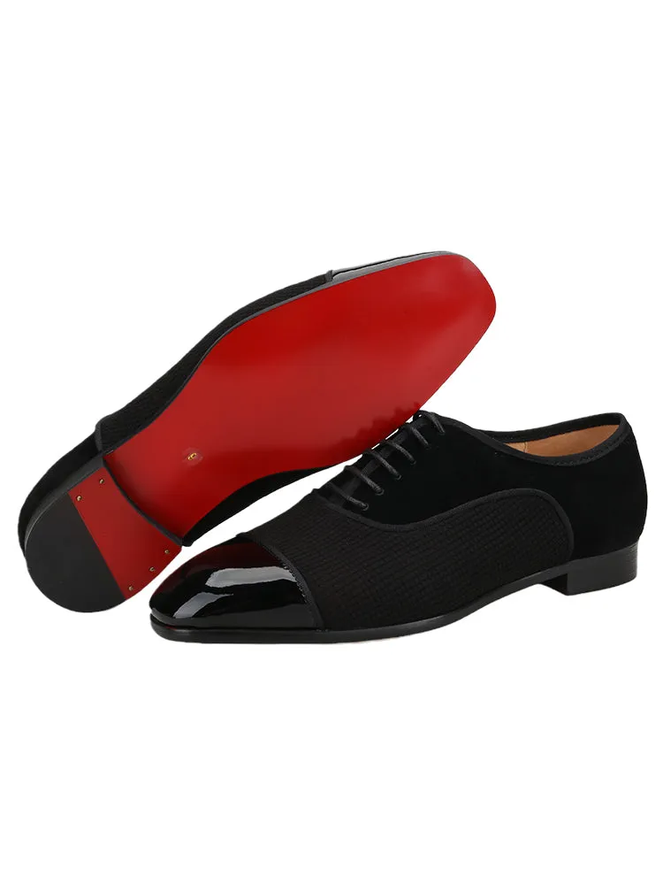 Spring new velvet stitching waffle patent leather toe men's casual Oxford shoes European and American wedding lace-up formal shoes