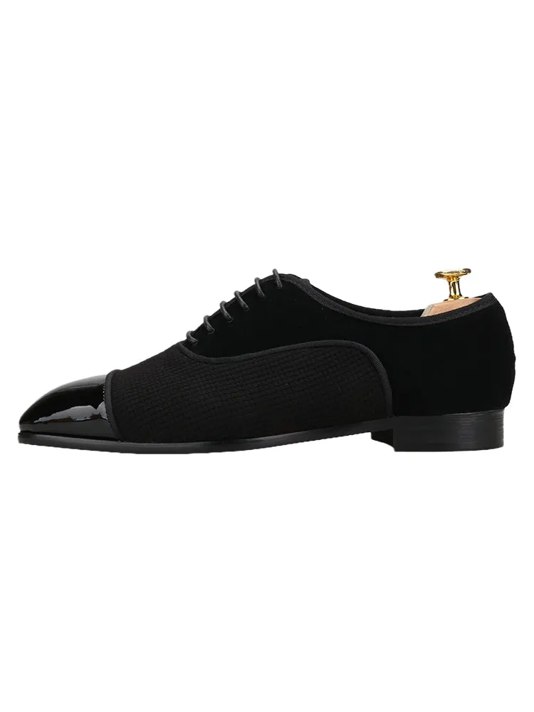 Spring new velvet stitching waffle patent leather toe men's casual Oxford shoes European and American wedding lace-up formal shoes