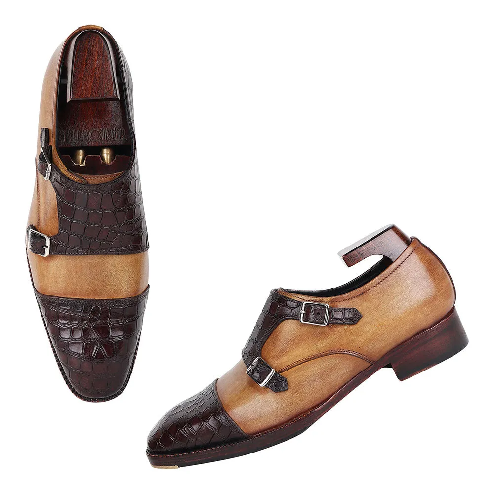 Tan   Brown Mirror Glossed Patina Croco Detail Double Monk Strap With Metal Toe