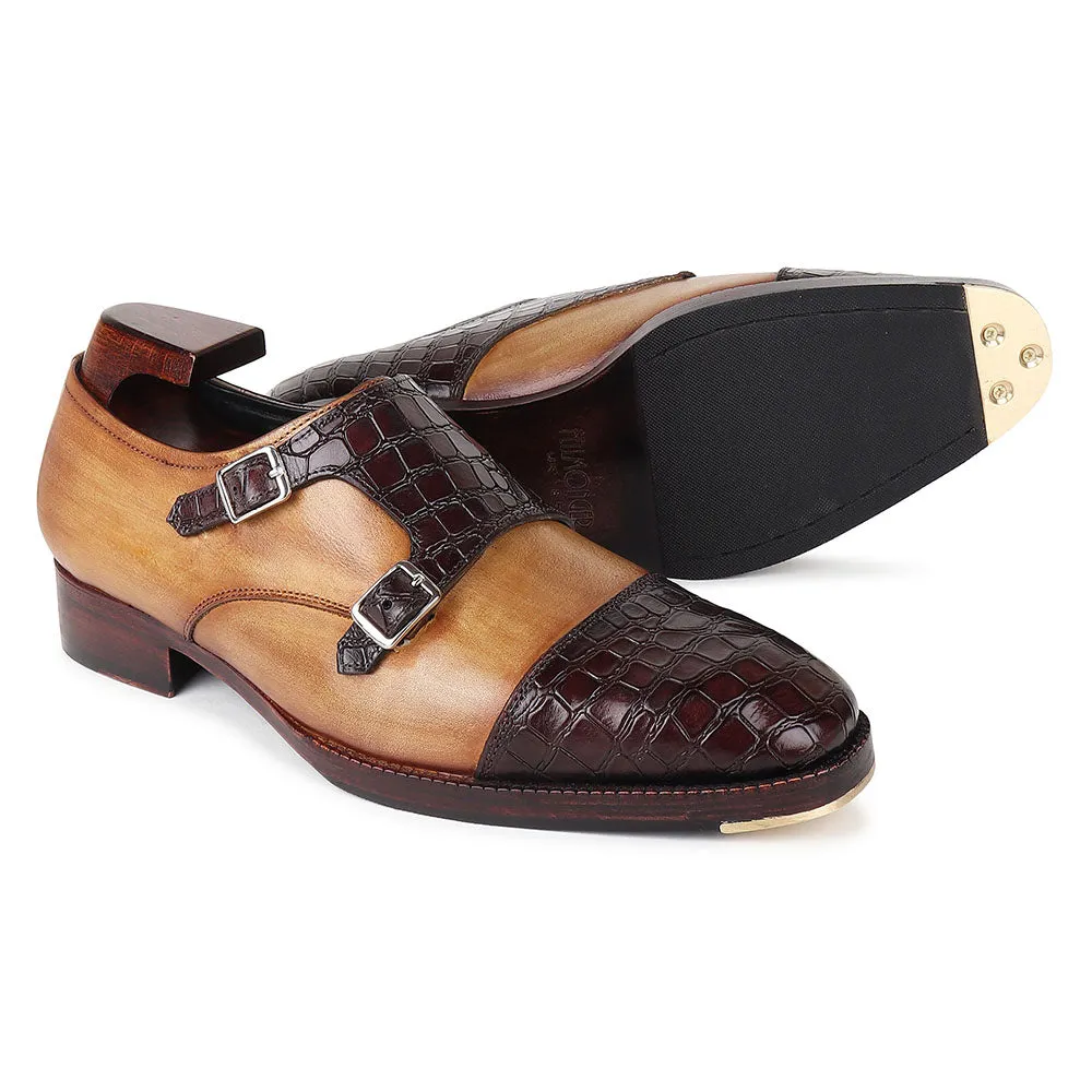 Tan   Brown Mirror Glossed Patina Croco Detail Double Monk Strap With Metal Toe