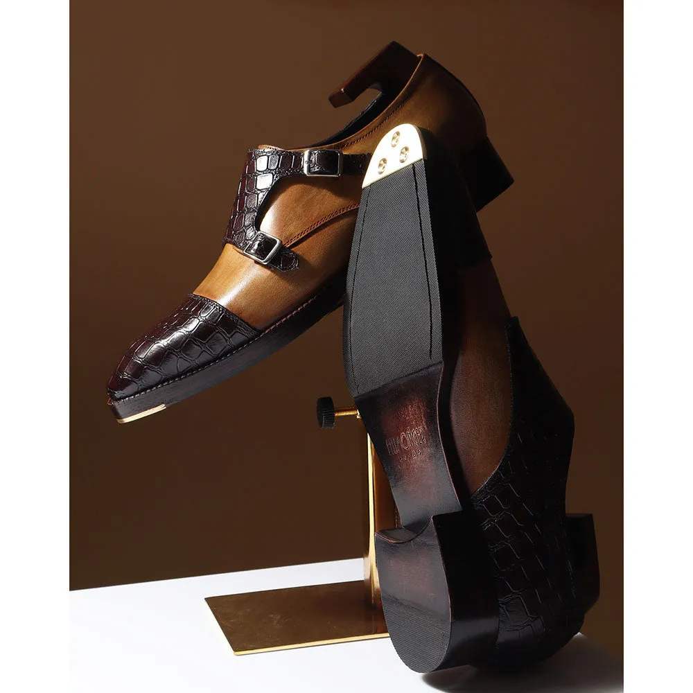 Tan   Brown Mirror Glossed Patina Croco Detail Double Monk Strap With Metal Toe