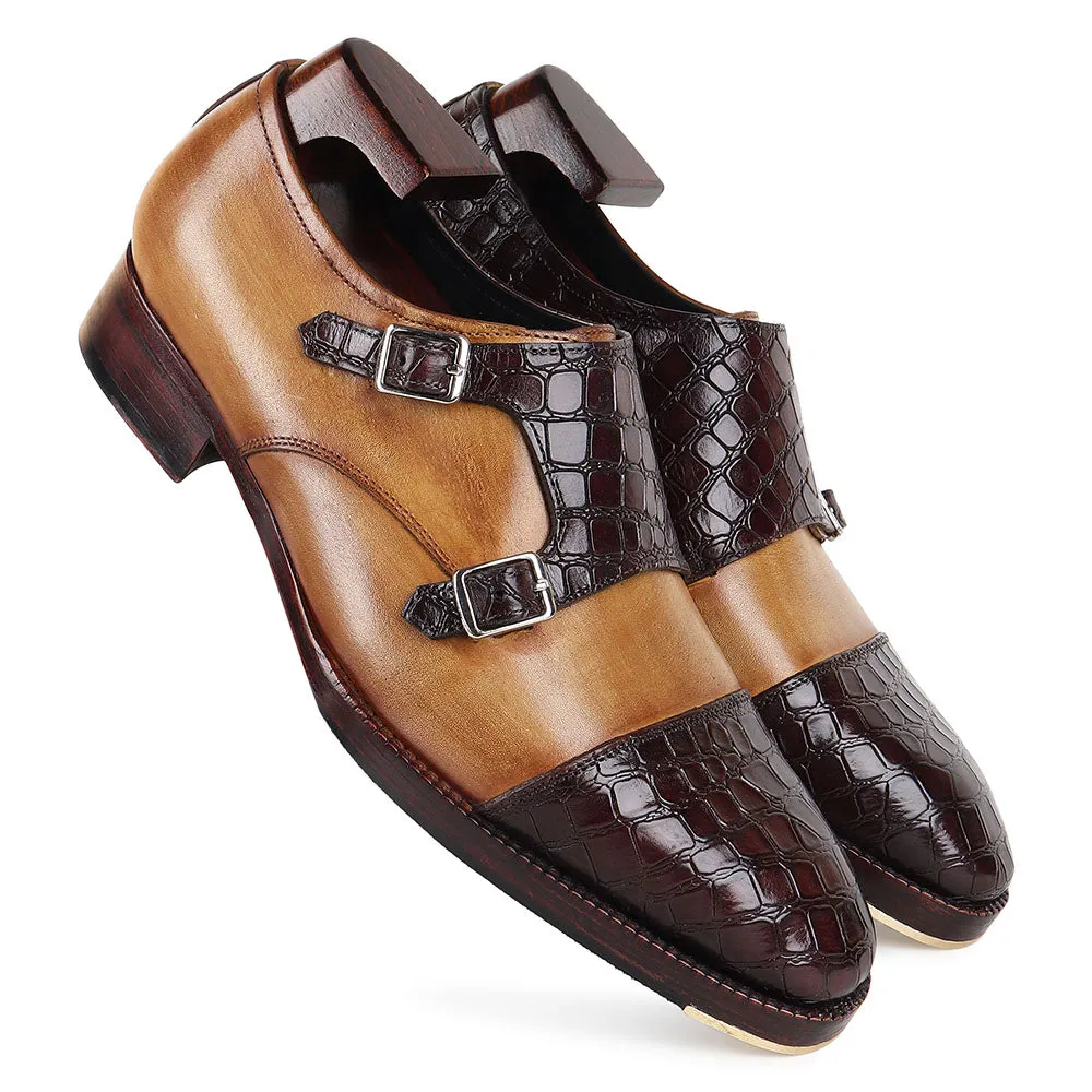 Tan   Brown Mirror Glossed Patina Croco Detail Double Monk Strap With Metal Toe