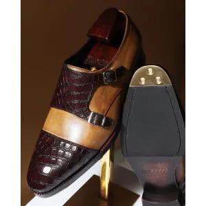 Tan   Brown Mirror Glossed Patina Croco Detail Double Monk Strap With Metal Toe