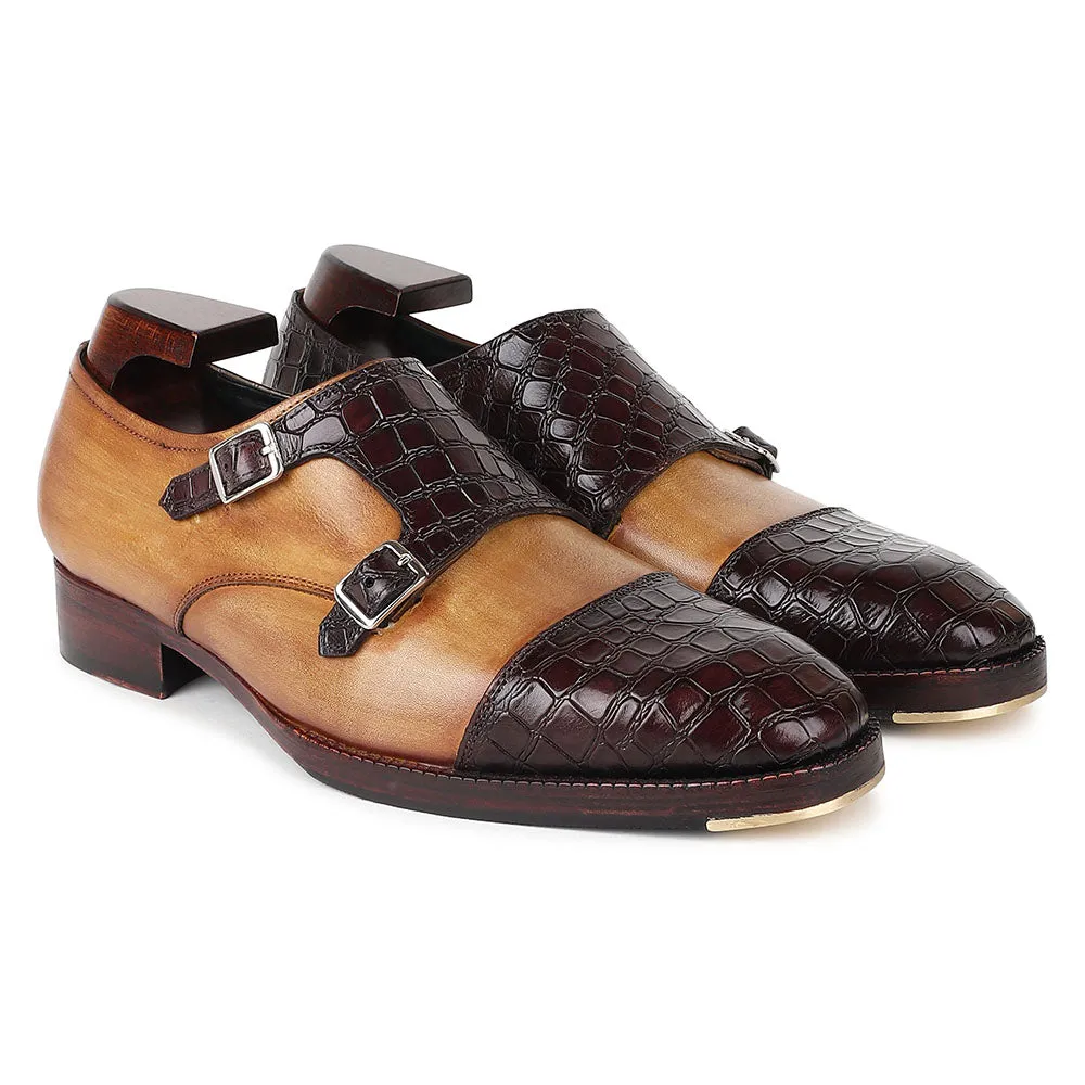 Tan   Brown Mirror Glossed Patina Croco Detail Double Monk Strap With Metal Toe