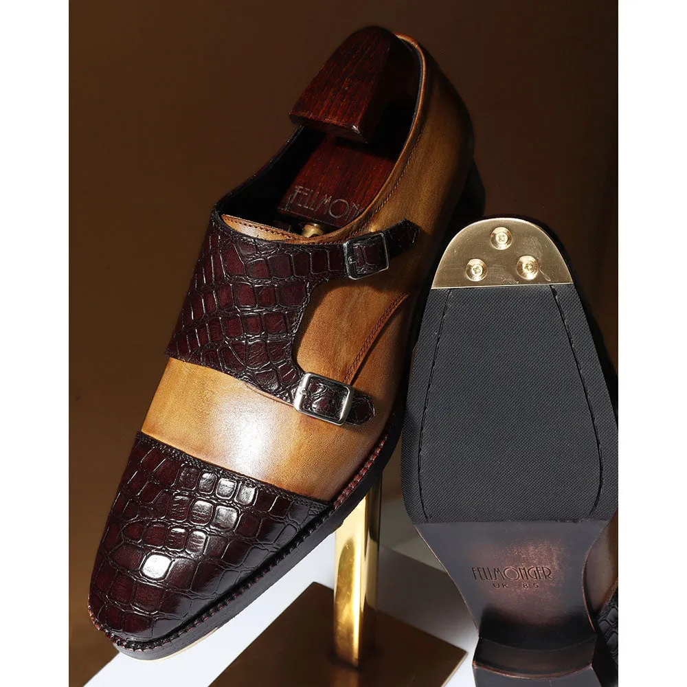 Tan   Brown Mirror Glossed Patina Croco Detail Double Monk Strap With Metal Toe
