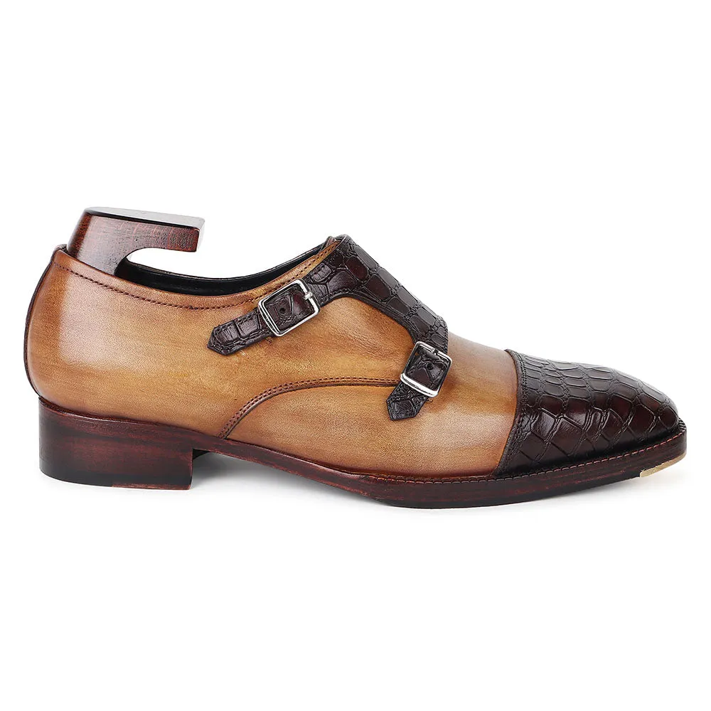 Tan   Brown Mirror Glossed Patina Croco Detail Double Monk Strap With Metal Toe