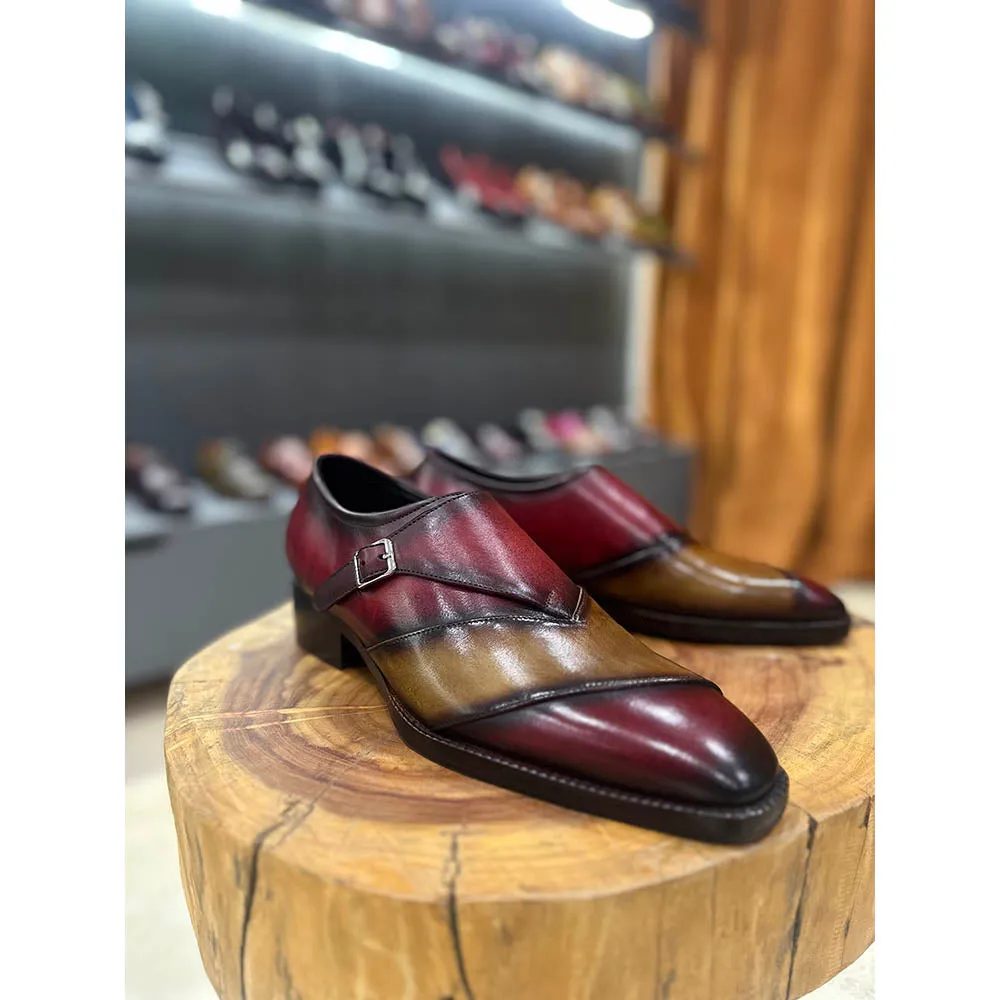 Tan   Burgundy Assymetric Mirror Glossed Patina Single Monk