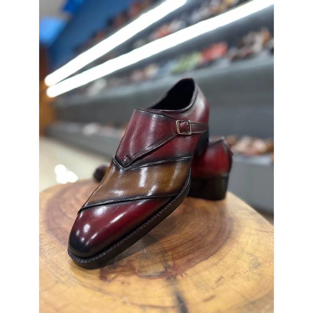 Tan   Burgundy Assymetric Mirror Glossed Patina Single Monk