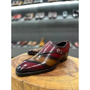 Tan   Burgundy Assymetric Mirror Glossed Patina Single Monk
