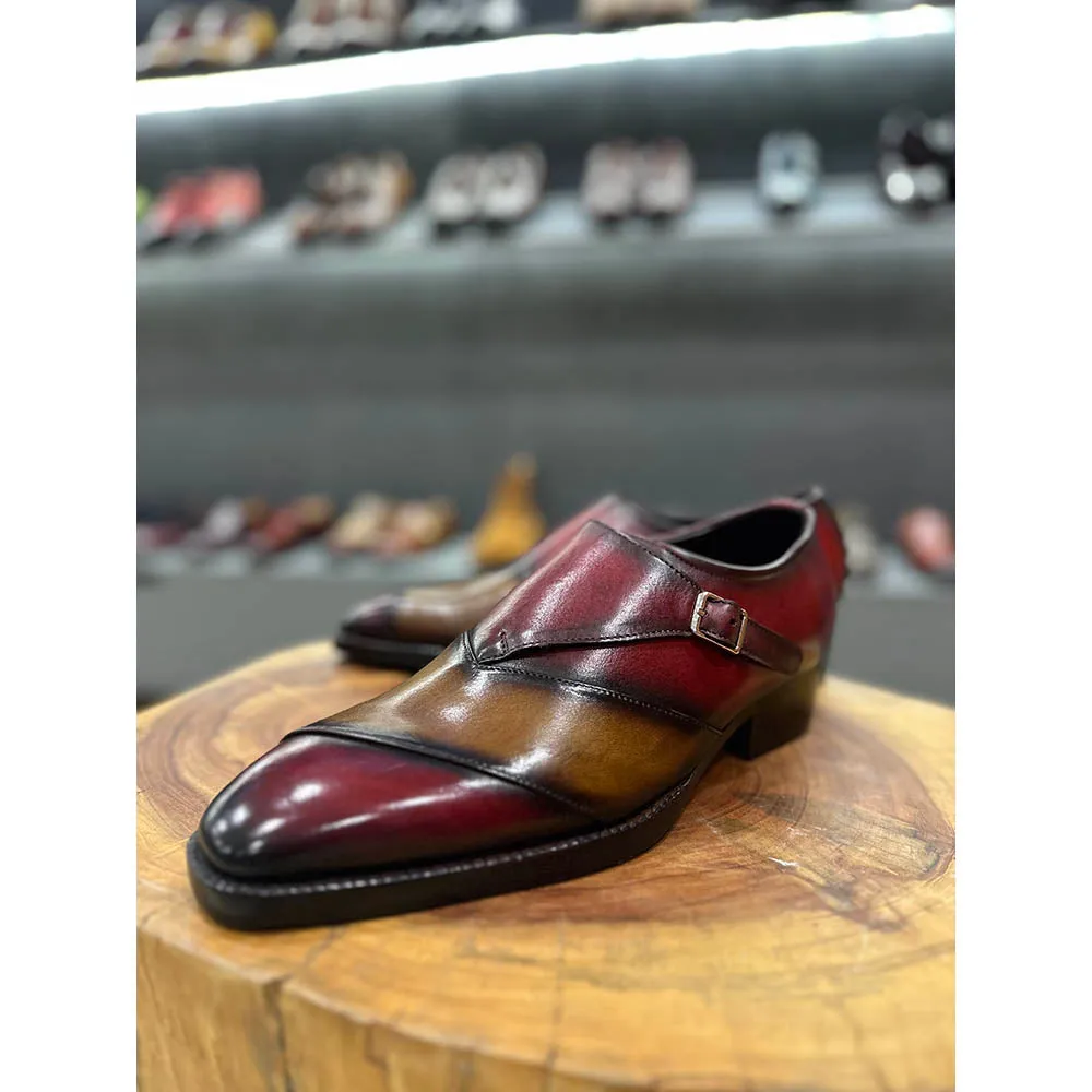 Tan   Burgundy Assymetric Mirror Glossed Patina Single Monk