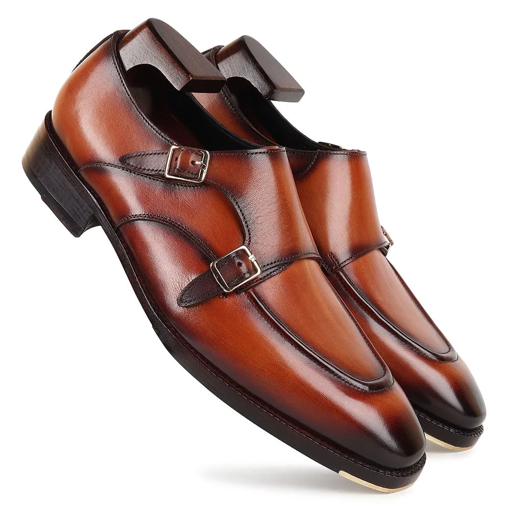 Tan Goodyear Welted Mirror Glossed Patina Double Monk   Fiddle Back Waist   Metal Toe