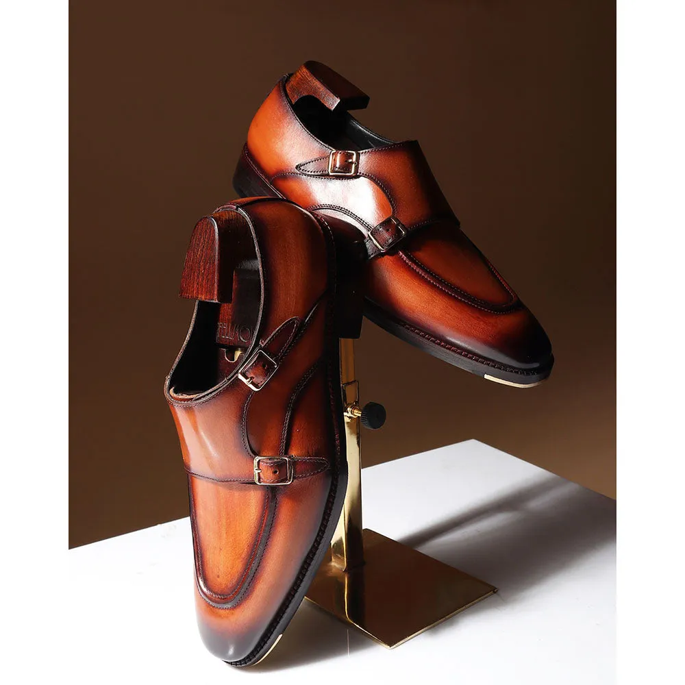 Tan Goodyear Welted Mirror Glossed Patina Double Monk   Fiddle Back Waist   Metal Toe