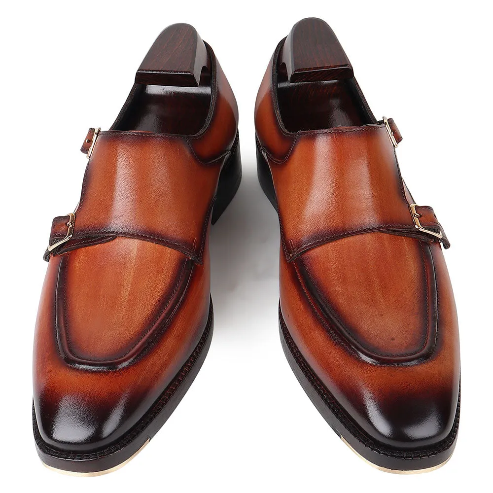 Tan Goodyear Welted Mirror Glossed Patina Double Monk   Fiddle Back Waist   Metal Toe