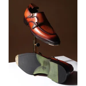 Tan Goodyear Welted Mirror Glossed Patina Double Monk   Fiddle Back Waist   Metal Toe