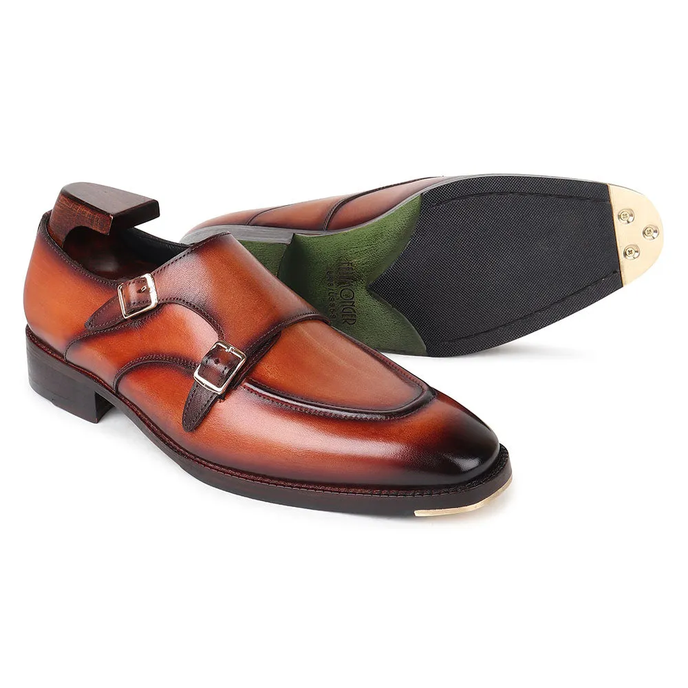 Tan Goodyear Welted Mirror Glossed Patina Double Monk   Fiddle Back Waist   Metal Toe