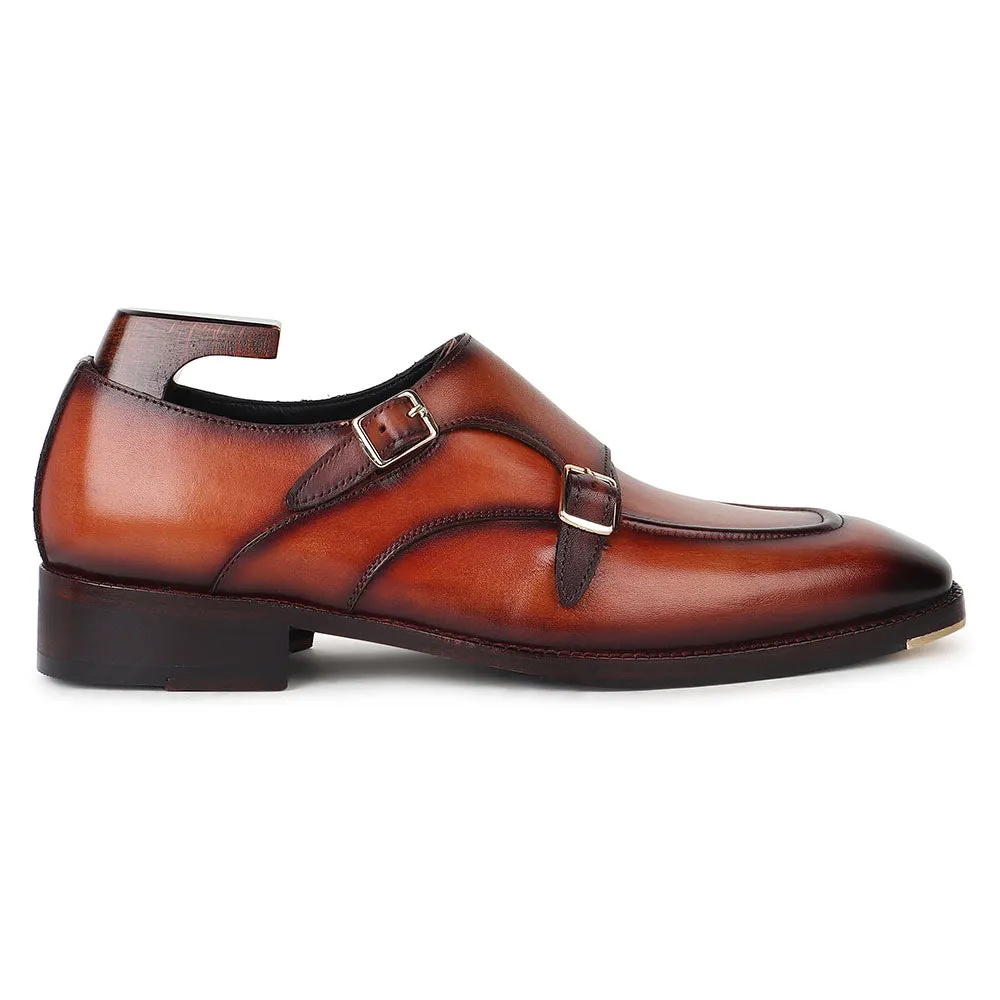 Tan Goodyear Welted Mirror Glossed Patina Double Monk   Fiddle Back Waist   Metal Toe