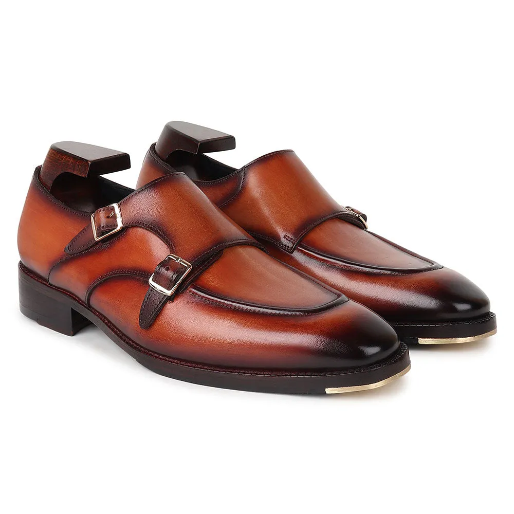 Tan Goodyear Welted Mirror Glossed Patina Double Monk   Fiddle Back Waist   Metal Toe