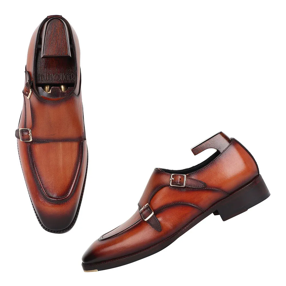 Tan Goodyear Welted Mirror Glossed Patina Double Monk   Fiddle Back Waist   Metal Toe