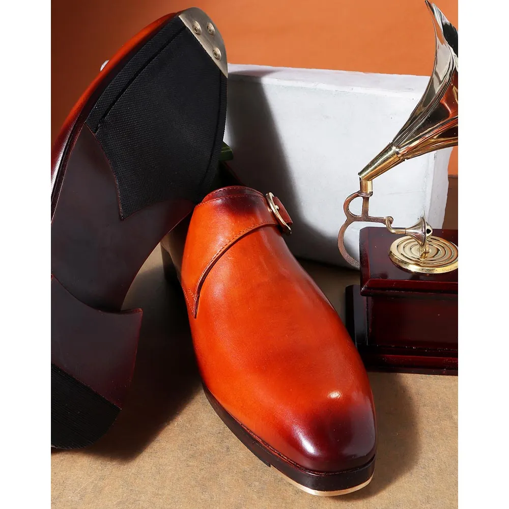 Tan Mirror Glossed Classic Single Monk Strap   Metal Toe
