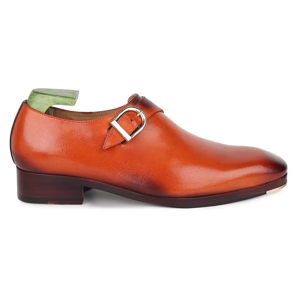 Tan Mirror Glossed Classic Single Monk Strap   Metal Toe