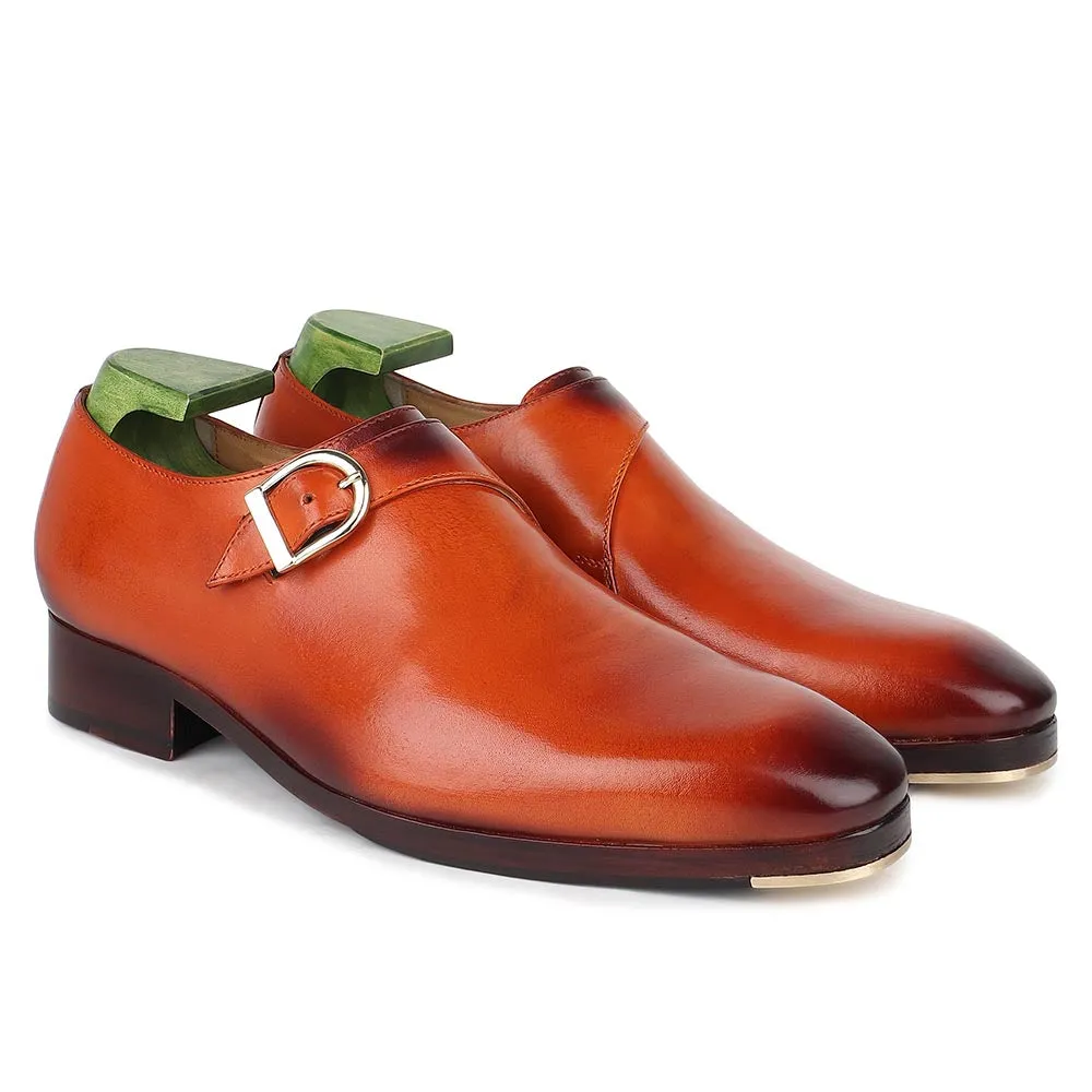Tan Mirror Glossed Classic Single Monk Strap   Metal Toe
