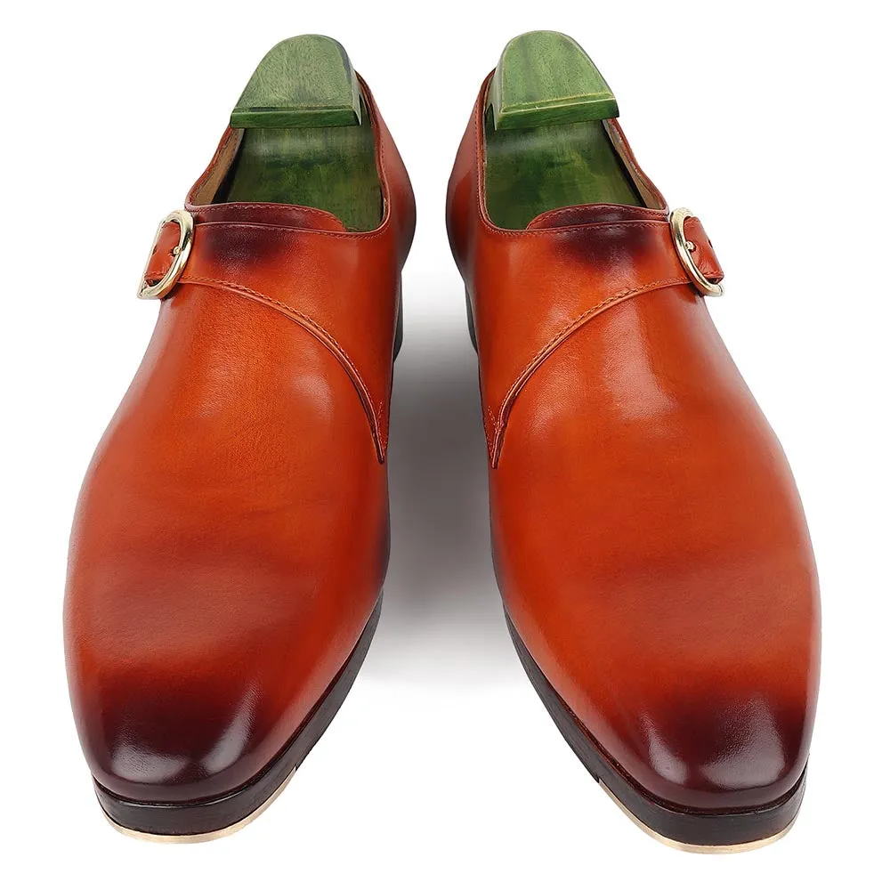 Tan Mirror Glossed Classic Single Monk Strap   Metal Toe