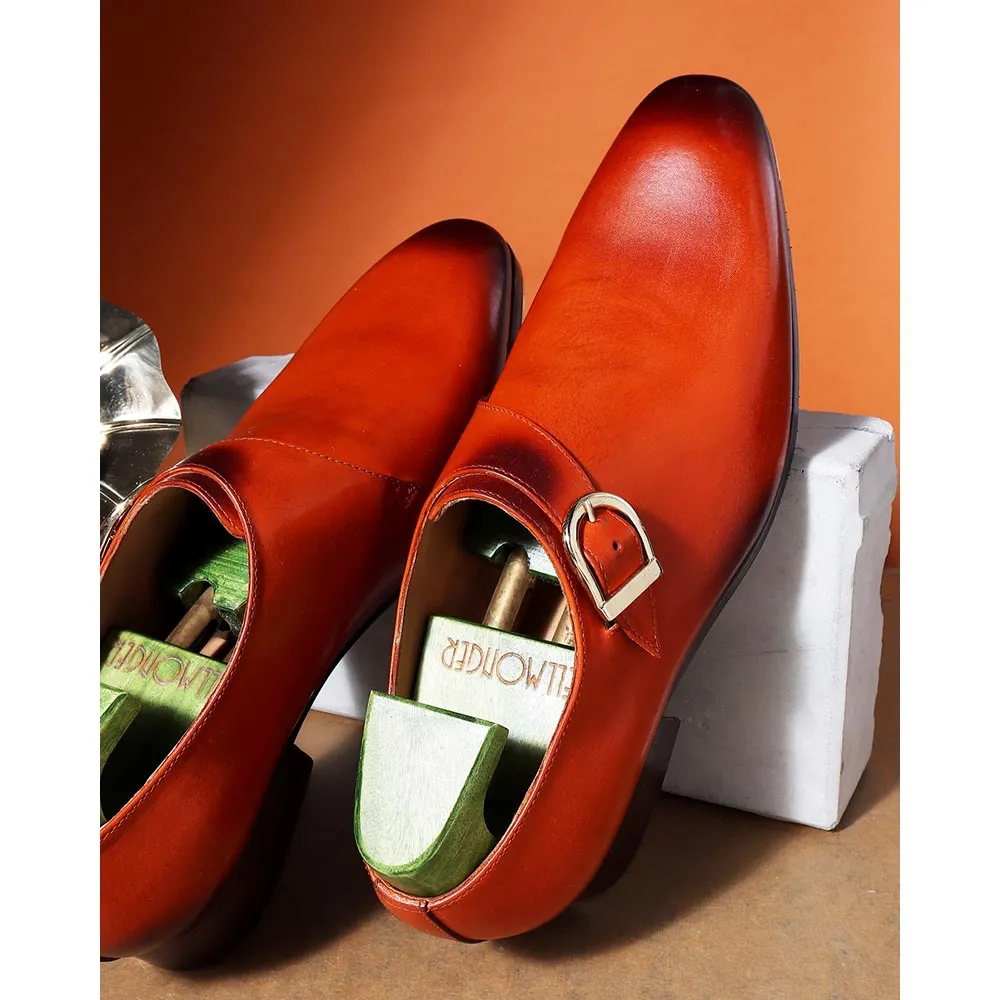 Tan Mirror Glossed Classic Single Monk Strap   Metal Toe