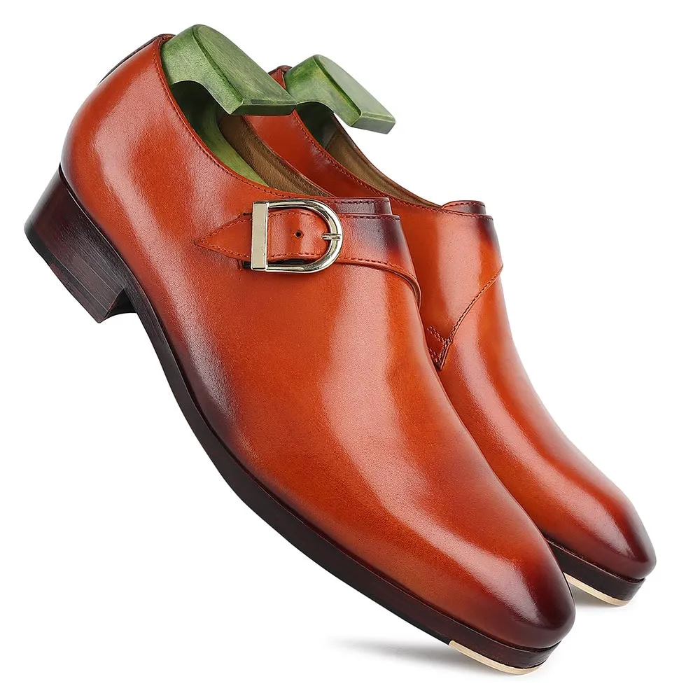 Tan Mirror Glossed Classic Single Monk Strap   Metal Toe