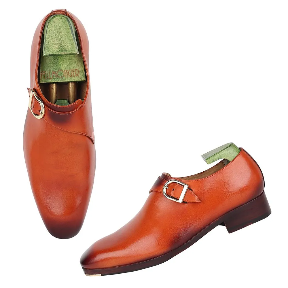 Tan Mirror Glossed Classic Single Monk Strap   Metal Toe