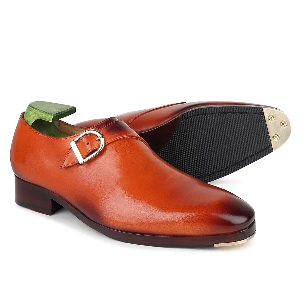 Tan Mirror Glossed Classic Single Monk Strap   Metal Toe