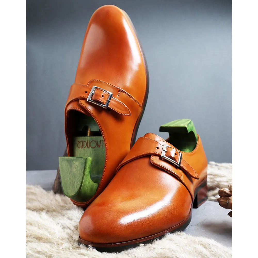 Tan Mirror Glossed Single Monk With Dainite Stack Sole