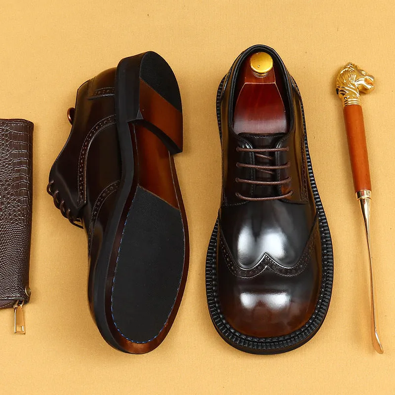 Top Layer Cowhide Men's Leather Shoes Business Casual Leather Shoes Men's Big Head Genuine Leather England Style Carving Brogue Wide Head Fat Feet23703